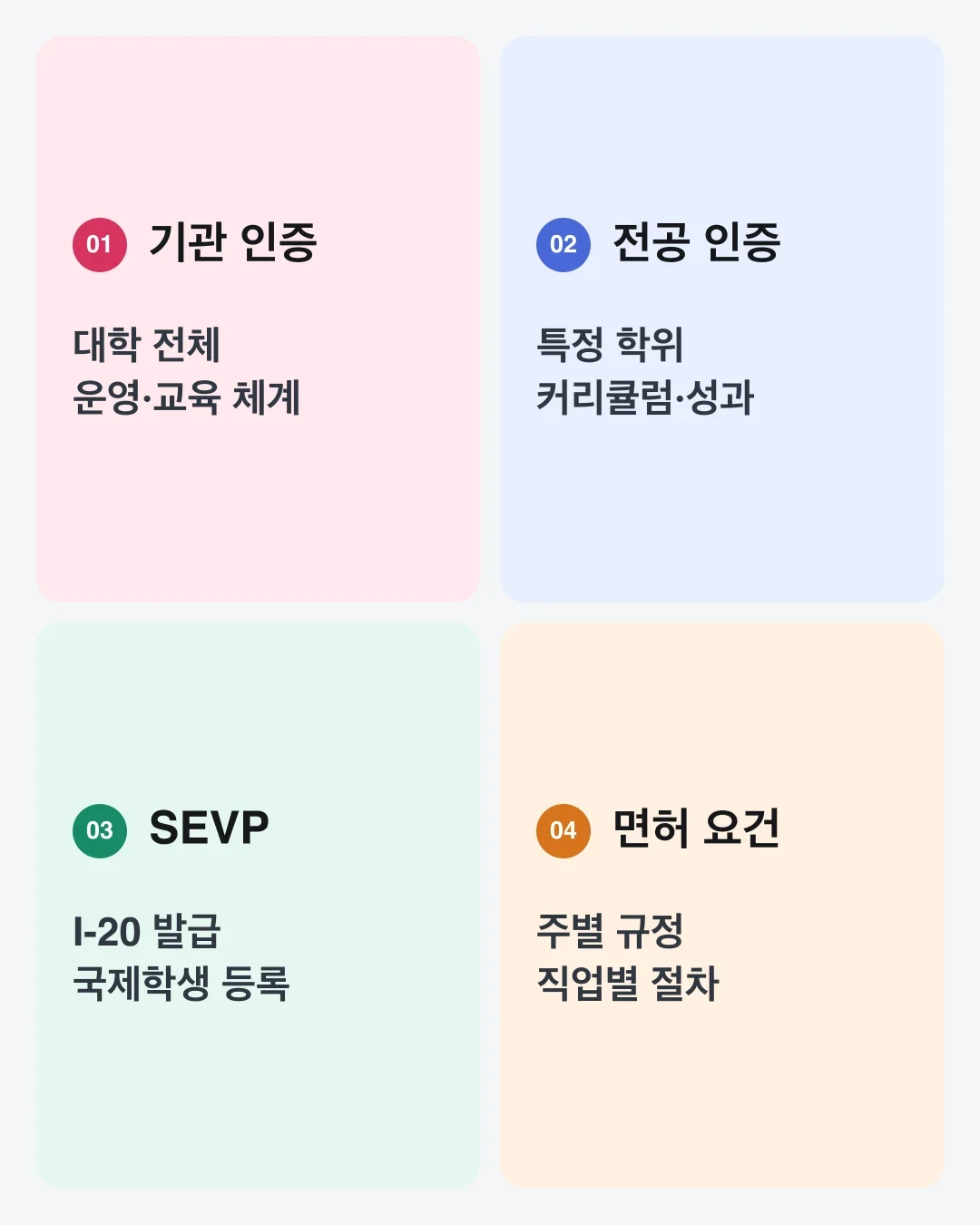 기관 인증, 전공 인증, SEVP, 전문직 면허를 서로 다른 층으로 구분한 표