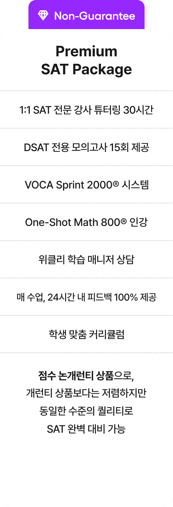 Premium SAT Package: 1:1 SAT 튜터링 30시간, DSAT 모의고사 15회, VOCA Sprint 2000, One-Shot Math 800 인강, 학습 매니저 상담, 24시간 내 피드백, 학생 맞춤 커리큘럼. 점수 논개런티 상품으로, 개런티 상품보다는 저렴하지만 동일한 수준의 퀄리티로 SAT 완벽 대비 가능