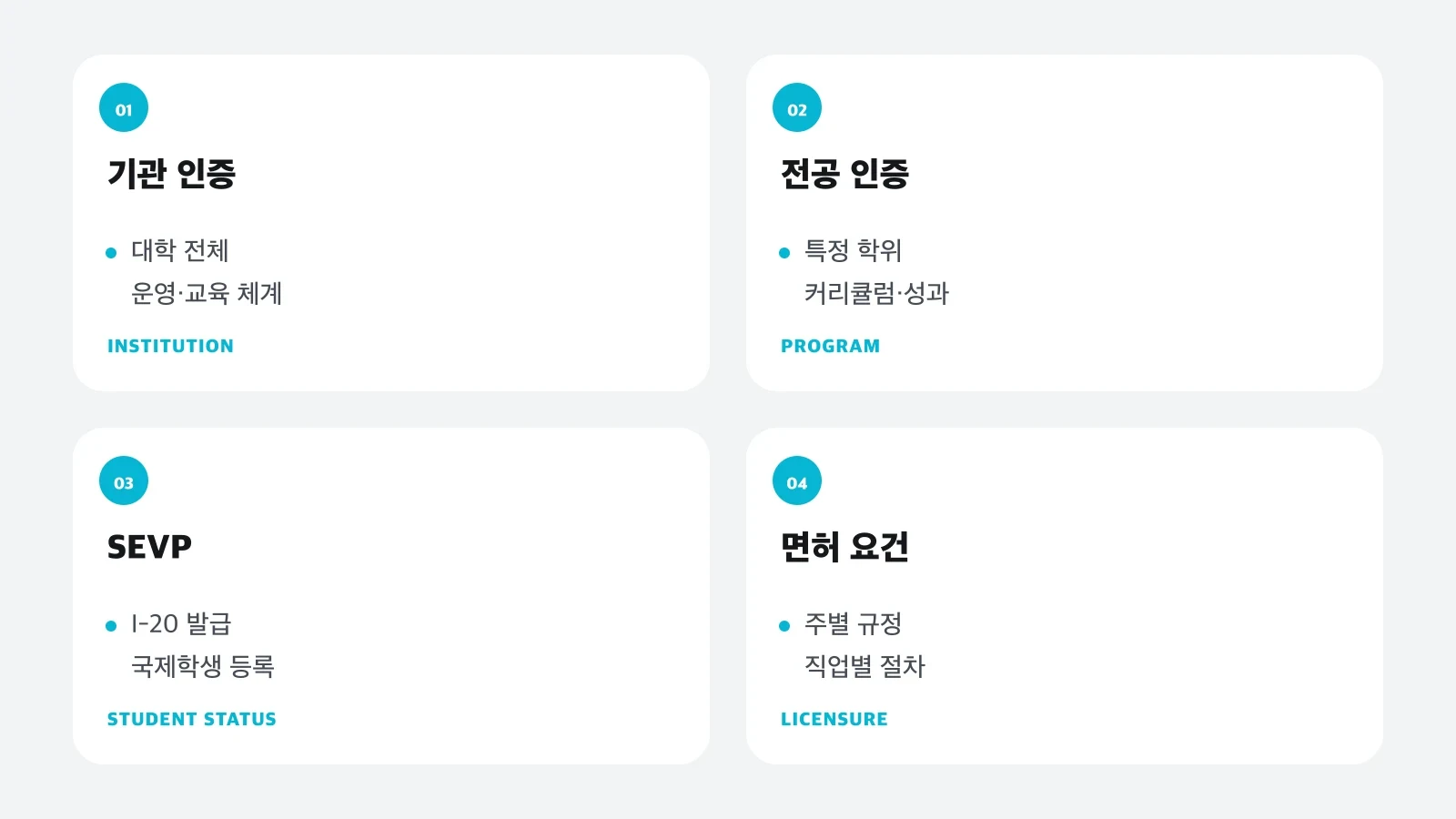 기관 인증, 전공 인증, SEVP, 전문직 면허를 서로 다른 층으로 구분한 표