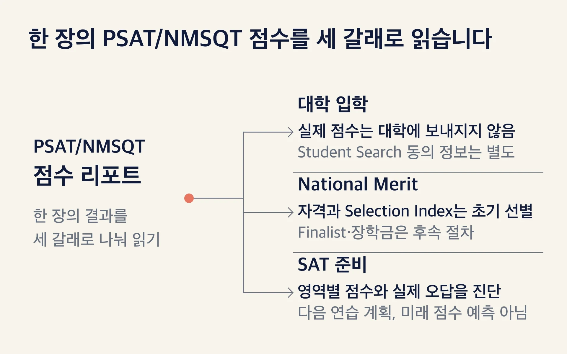 PSAT/NMSQT 점수 리포트를 대학 전달, National Merit, SAT 학습 진단의 세 갈래로 읽는 흐름도